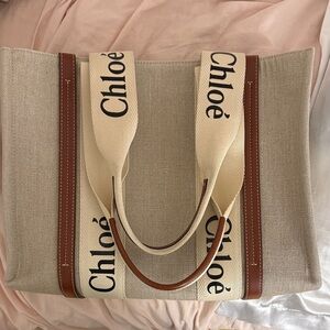 Chloe woody Beige Canvas Tote with Leather Trim
